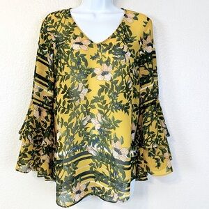 CAbi Floral Spring Scene Ruffle Bell Sleeve Blouse Size S